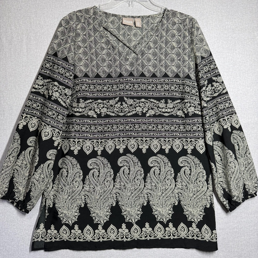 Chico's Blouse Womens 1 Black Paisley V Neck Long Sleeve Tunic Top Boho